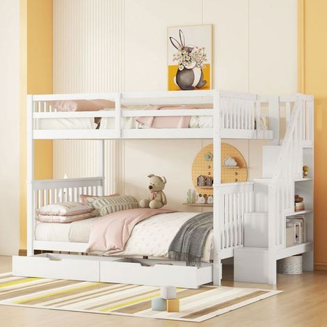 Lit Superposé - 140x200 cm - Escalier Multi-Rangements et 2 Tiroirs - lit Superposé Enfant - garde-corps de sécurité - Blanc