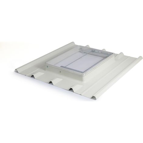 Lucarne de toit pour tôles bac acier ondulées – RAL 9002 blanc – Vitre synthétique incassable 66x53cm – Système d'ouverture à articulation