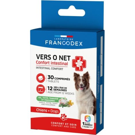 Comprimés confort intestinal pour chien – Formule à base de plantes (ail, thym, fenugrec) – Renforce les défenses naturelles – 30 unités – Francodex