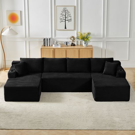 Divano modulare a U in corduroy nero, 3 pezzi, senza montaggio, seduta profonda (1/5)