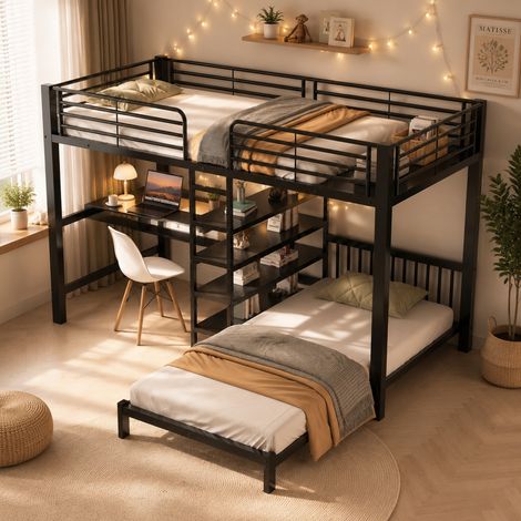 Lit Mezzanine 2 Couchages 90x200 cm, Bureau, Escalier avec Rangement, USB et Type-C, Étagère de Tête de Lit, Métal Noir (1/5)