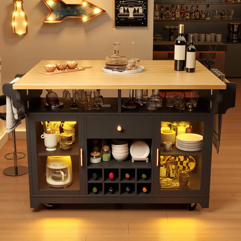 Carro de cocina negro con LED RGB, alas abatibles y botellero (1/5)
