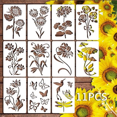 Pochoir Floral Réutilisable - Pour Peinture sur Bois Mur Plâtre Toile Carton - Motifs Fleuris Lotus Daisy Rose Tournesol Pivoine - Set de 11 Pièces - 28 x 18 cm (1/5)