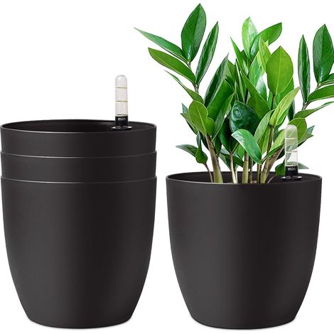 Pots de Fleurs Auto-Arrosants 22 cm Lot de 4 avec Réservoir d’Eau Indicateur de niveau, Usage intérieur et extérieur, Arrosage régulier, Coloris noir (1/5)