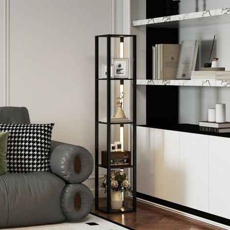 Stehlampe mit 4 Ablagen, dimmbarer LED-Beleuchtung, Fußschalter, für Wohnzimmer, Schlafzimmer, Büro, schwarz