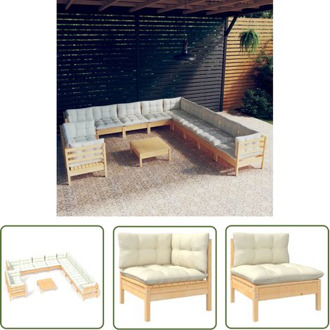 The Living Store 12-tlg. Garten-Lounge-Set mit Creme Kissen Massivholz Kiefer - Garten Lounge Set - Kiefernholzmöbel - Outdoor Möbel - Gartengeräte - Loungemöbel (1/5)