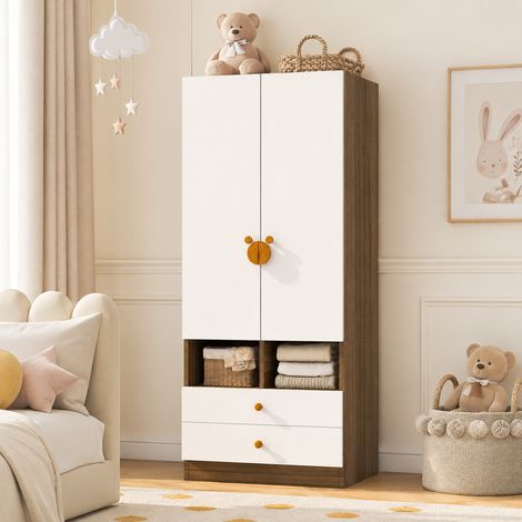 Armoire enfant 70x50x170 cm avec 2 portes, 2 tiroirs, compartiments et poignées cartoon - contreplaqué/MDF - Naturel (1/5)