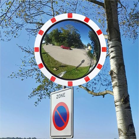 Moravia Verkehrsspiegel aus Edelstahl rund 600 mm Rahmen rot/weiß + 76er Schelle