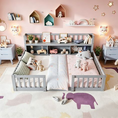 JOOKGBD-Lit Montessori enfant 140x200cm avec barrières de sécurité,lit en bois massif avec étagères latérales à 3 compartiments de rangement ouverts,pour enfants de 3 à 12 ans,bois massif,gris