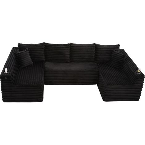 Divano panoramico a U modulare, schienale ergonomico, portabicchiere e tasca laterale, Corduroy Nero (1/5)