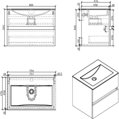 Stano. – Meuble salle de bain suspendu 80 cm – Vasque en marbre synthétique blanc – Noyer mélaminé – Tiroirs avec rails amortisseurs — vue 4