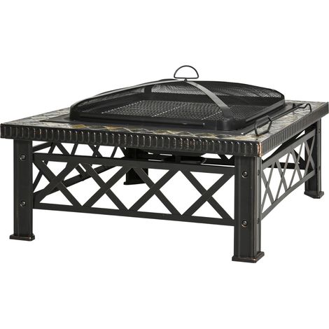 Braciere da esterno quadrato in acciaio nero 76 x 76 x 47 cm con parascintille e griglia (1/5)