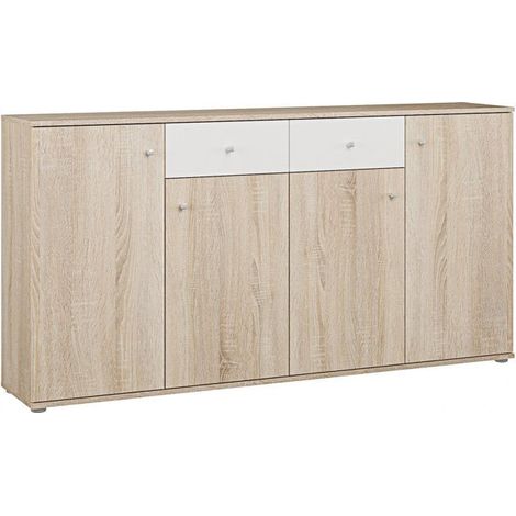 Buffet bas - Décor Chêne et blanc mat - 4 portes + 2 tablettes + 2 tiroirs - L 159,2 x P 31,1 x H 81,7 cm (1/5)