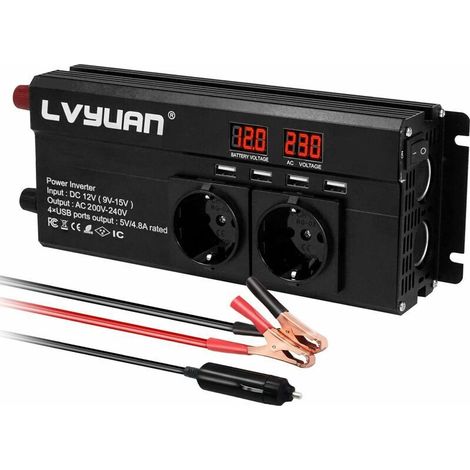 Convertisseur de tension 12V 220V 1500W 2 prises AC et 4 ports USB Affichage LED tension Protection contre surchauffe (1/5)