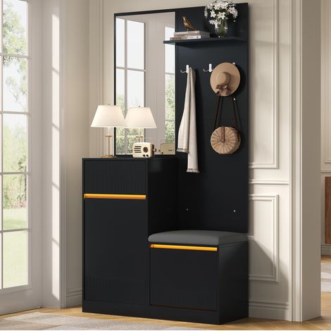 Garderobe d'entrée avec meuble à chaussures, banc, miroir et LED 105x38x190 cm MDF et PB noir (1/5)