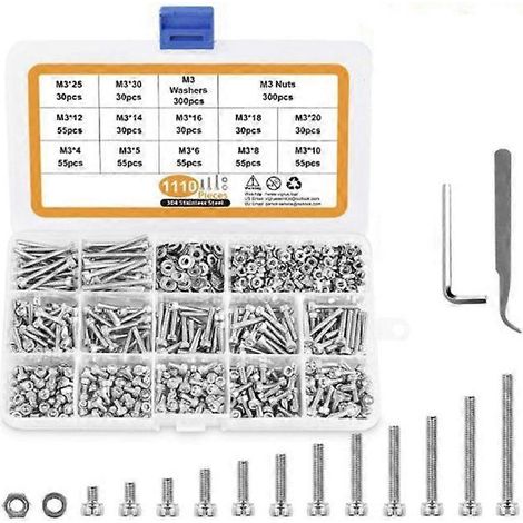 Kit d'assortiment de vis, écrous et rondelles M3 en acier inoxydable avec clés hexagonales, 1100 pièces, vis à tête cylindrique à six pans creux (1/5)