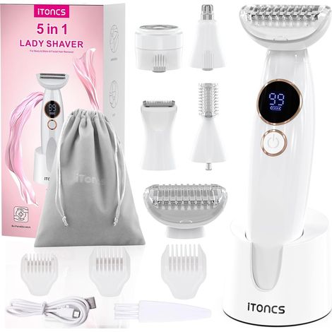 Rasoir Électrique 5 En 1 Pour Femme, Étanche IPX7, Rechargeable, Pour Le Corps, Aisselles, Jambes, Sourcils Et Nez, Avec Recharge USB (1/5)