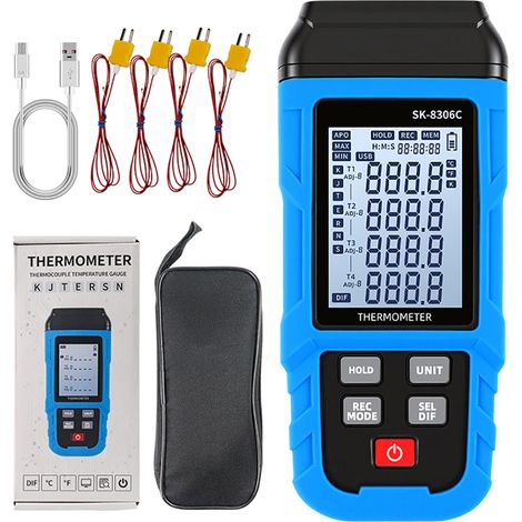 Thermomètre numérique à thermocouple de type KJ, haute température, avec mémoire de 5999 données, batterie lithium rechargeable USB offrant jusqu'à 60 h d'autonomie, horodatage, pour applications indu (1/5)