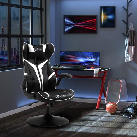 Chaise de jeu Vinsetto, chaise ergonomique pour gamer avec appui-tête et réglage en hauteur, chaise de bureau avec fonction bascule, noir et blanc (1/5)