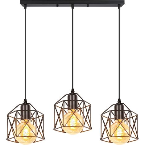 Suspension Luminaire Industrielle 3 Lampes Vintage E27 Lustre Abat-jour en Métal Design pour Salon Chambre Cuisine (Noir-avec une barre du support) (1/5)