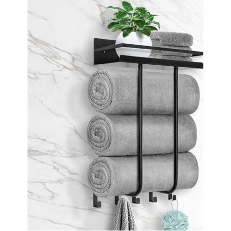 porte-serviettes mural avec étagère en métal et 5 crochets (adapté aux petites salles de bains), porte-serviettes de salle de bain, rangement pour serviettes de bain et porte-rouleau, noir (1/4)