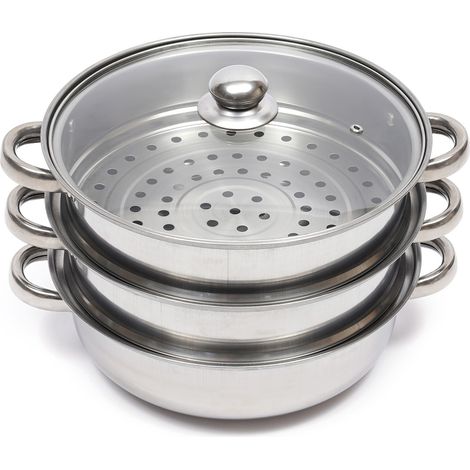 Cuiseur vapeur en acier inoxydable - Avec couvercle en verre - Avec vapeur - Légumes et pommes de terre - Grande marmite à soupe - 3 étages (1/5)