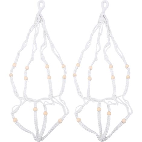 Lot de 2 suspensions pour plantes en macramé avec 12 perles en bois, corde de coton tressée de 90 cm, support pour pots de fleurs suspendus pour plantes d'intérieur, blanc (1/5)