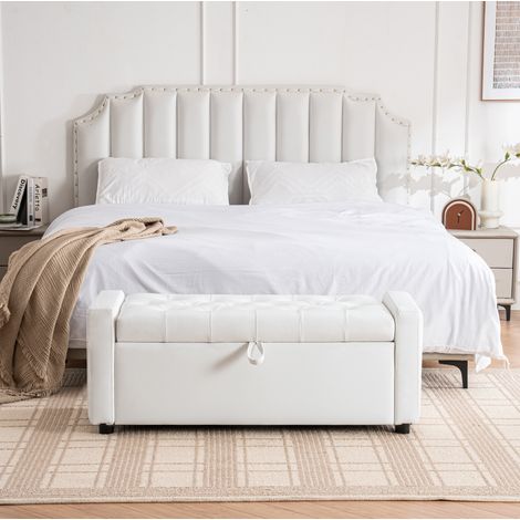 Banco baúl 122 × 45 × 47 cm blanco, asiento acolchado capitoné (1/5)
