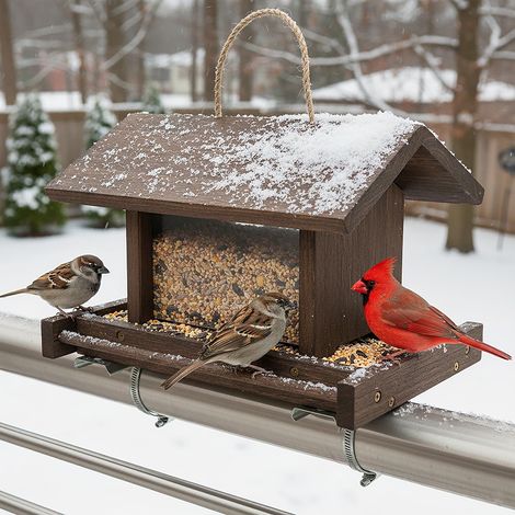 Mangeoire Oiseaux Bois Grande capacité Bois Suspendue Garde Corps Arbre Support Montage clôture Alimentation Jardin Pinsons Sauvages (1/5)