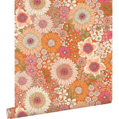 Papier peint fleurs rétro orange et rose – 53cm x 10,05m – Intissé écologique – Pose facile sans table à tapisser – Estahome (1/5)