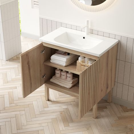 Meuble vasque salle de bain 80,5x46,5x88 cm en céramique blanche, avec rangement, moderne FloraGrace (1/5)