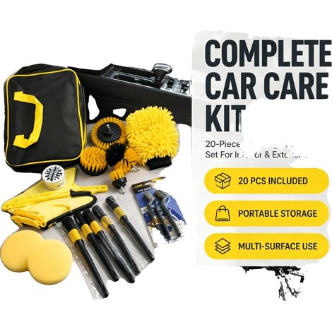 Kit d'outils de nettoyage de voiture, 20 pièces, brosses en matériau doux, design non rayant, polyvalent pour plusieurs types de véhicules, sac de rangement portable (1/3)