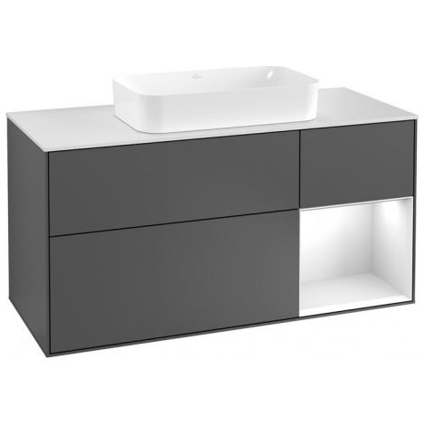 Finion, Meubles sous lavabo, 1200 x 603 x 501 mm, Angulaire,avec meuble étagère (éclairé), modèle suspendu, En bois, lavabo au milieu, éclairage LED, 1x LED / 2,3W, 2700 K à 6480 K, Glossy White Lacqu