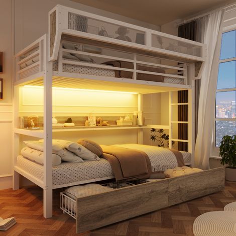 REDOM - Letto a castello 90x200 cm con mensola - cestino portaoggetti - 2 cassetti in metallo - MDF e metallo - bianco(Senza materasso) (1/5)