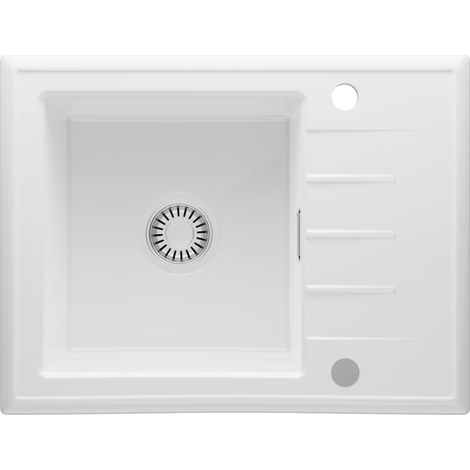 CECIPA MAX Küchenspüle Keramik 60 x 46 cm, Einzelbecken mit Abtropffläche inkl. Siphon und Überlauf, Aufsatzspüle, weiß Keramik Spülbecken (1/5)