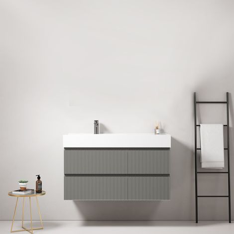 Mobile bagno sospeso cannettato 100 cm Grigio Londra Lavabo a Sinistra in Resina Senza Specchio - Fiji Paint