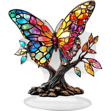【SCB-042 18 x 18 cm】Mariposa y árbol de la suerte: escena decorativa acrílica 2D con base para el hogar y la oficina (1/5)