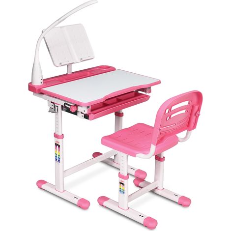 Scrivania per bambini altezza regolabile 54-76cm Set tavolo e sedie bimbi inclinabile con lampada, Rosa (1/5)