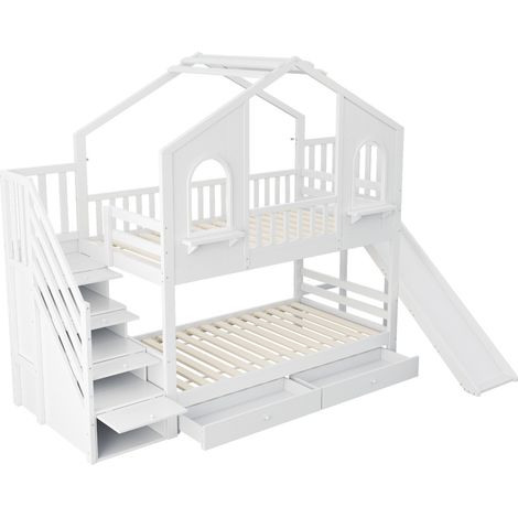 Cama alta infantil 90 x 200 cm con casa, tobogán, escalera de almacenamiento y cajones, blanca (1/5)