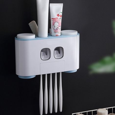 Porte-brosse à dents mural, support de rangement d'articles de toilette avec 2 distributeurs de dentifrice, 4 tasses et 5 emplacements (1/5)