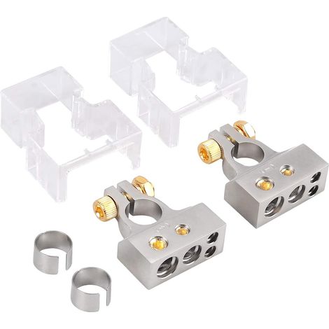 Cosse Batterie - 0 2 4 8 10 AWG - Nickel Satiné Cuivre Plaqué - Pour Connexion Batterie Voiture - 2 Pièces (1 Positif + 1 Négatif) avec Calettes et Housses