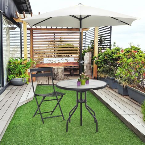 Tavolino da Giardino con Piano in Vetro Temperato e Foro per Ombrellone Acciaio Ф80 x 72 cm Nero