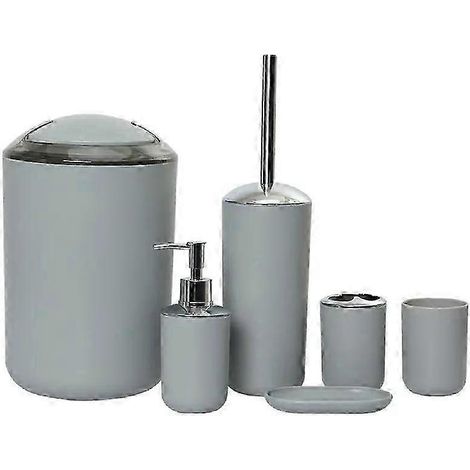 Lot 6 accessoires salle bain - Porte-brosse à dents + gobelet - Distributeur savon - Brosse WC - Corbeille - Gris (1/5)