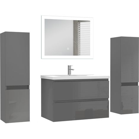 Ocean Ensemble de Meuble salle de bain 79cm anthracite Haut Brillant, miroir led + 2 colonnes 110cm