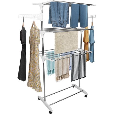 Étendoir,Étendoir séchoir à linge, Etendoir Linge Intérieur et Extérieur,3 Niveaux Sechoir à Linge Pliable avec Roues,argent+Blanc (1/5)