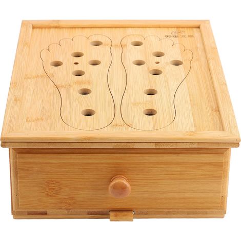 Boîte de moxibustion pour les pieds en bambou résistant et brillant, avec 6 compartiments et 6 aérations, dotée d'un tiroir et d'un porte-rouleau de moxa pour la moxibustion des pieds. (1/5)