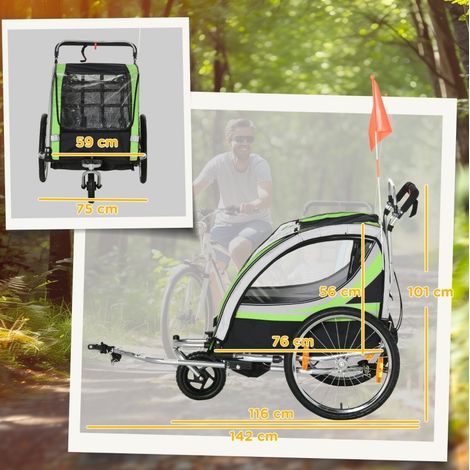 Remorque vélo enfant 2 places 2-en-1 avec fonction poussette, frein, housse de pluie, vert DESVIAE (1/3)