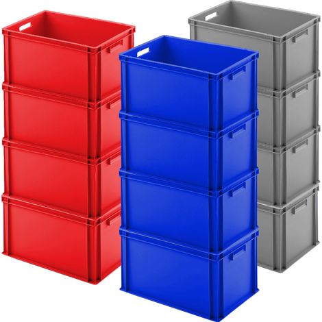 BRB 12x Euro-Stapelbehälter, LxBxH 600x400x320 mm, 4x blau, 4x rot, 4x grau, PP, lebensmittelecht