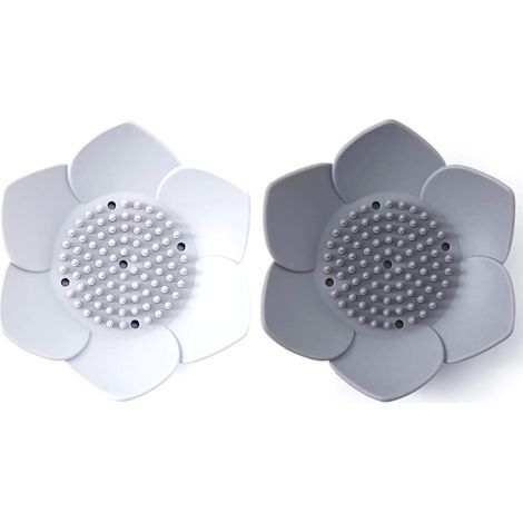 Zweiteilige Silikon-Seifenschale in Form einer Lotusblume, grau und cremeweiß.