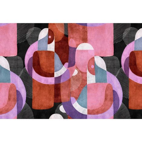 Papier peint panoramique trompe l'œil à motif géométrique Tapisserie panoramique abstrait escaliers Papier peint panoramique rouge, rose et noir (1/2)